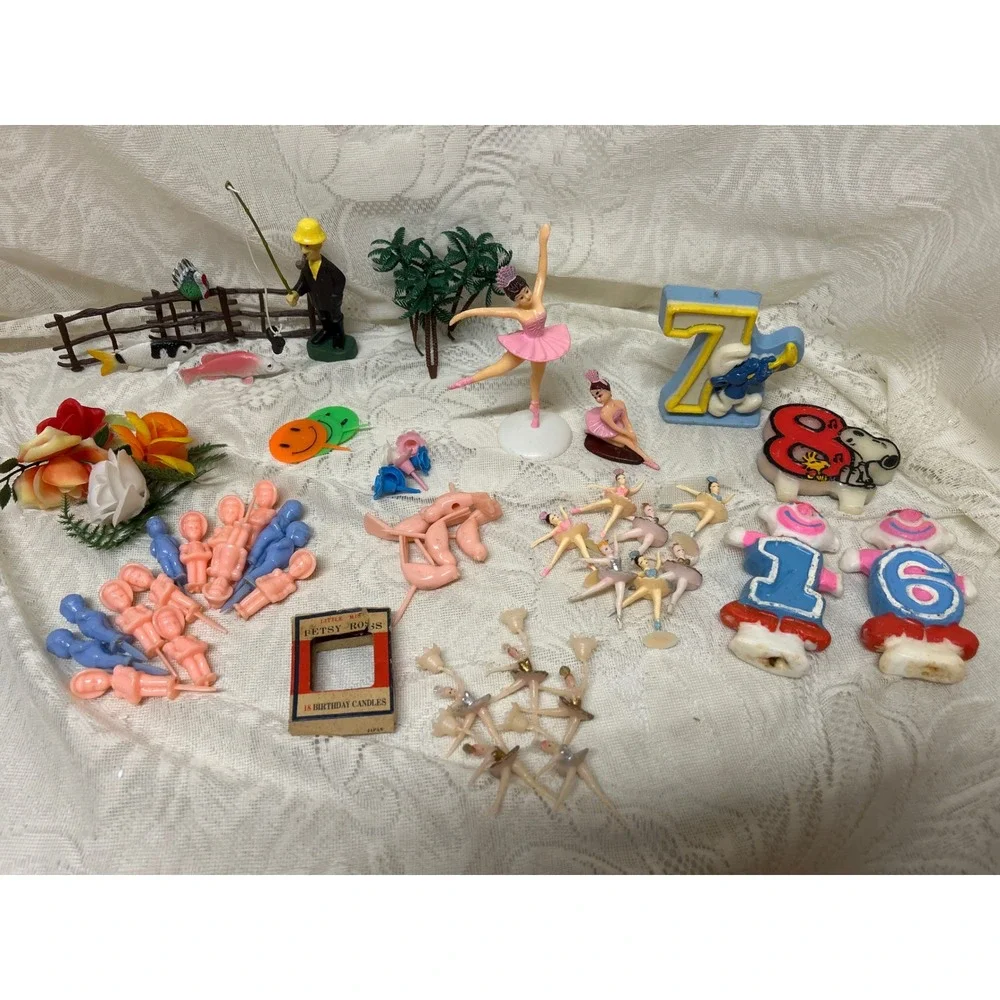 Vintage Cake Toppers and Candles Lot‎ 40+ Ballerina Fishing Birthday Party Decor